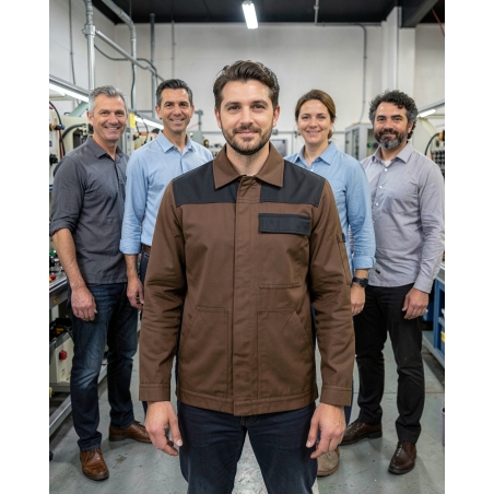 Veste de travail Marron chocolat parement noir — mise en situation : Industrie, Équipe