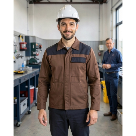 Veste de travail Marron chocolat parement noir — mise en situation : Industrie, Portrait individuel