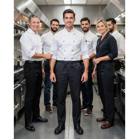 Pantalon de cuisine mixte élastiqué rayé noir — mise en situation : Cuisine / restauration, Équipe