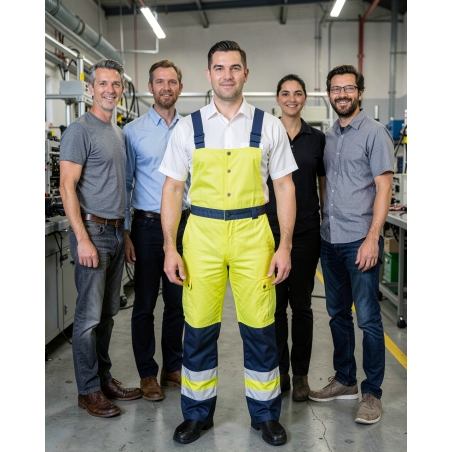 Pantalon de travail haute visibilité jaune fluo et bleu marine — mise en situation : Industrie, Équipe