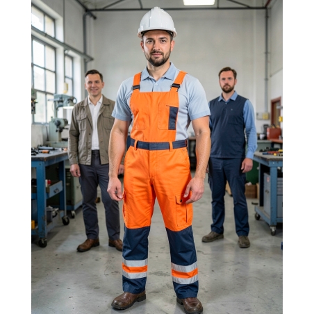Pantalon de travail haute visibilité orange fluo et bleu marine — mise en situation : Industrie, Portrait individuel