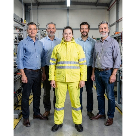 Vêtement de travail haute visibilité jaune fluo — mise en situation : Industrie, Équipe