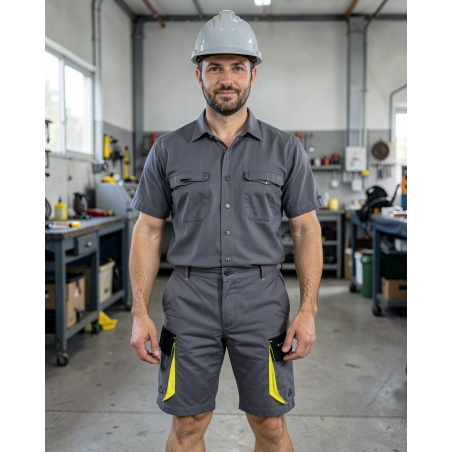 Bermuda de travail gris et jaune — mise en situation : Industrie, Portrait individuel