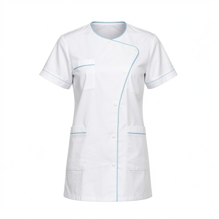 Tunique medicale femme semi cintree Blanche liseré Ciel — photo packshot produit sur fond blanc