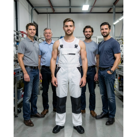 Cotte à bretelles bicolore homme – Salopette noir et blanc — mise en situation : Industrie, Équipe