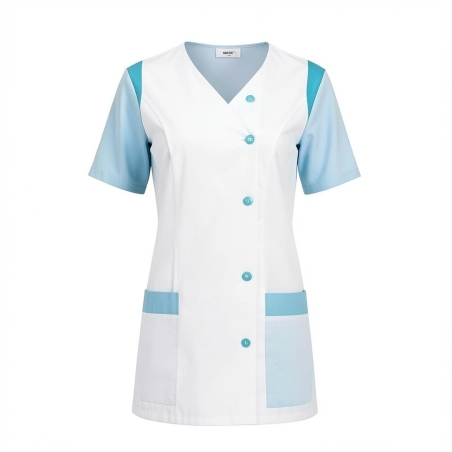 Tunique médicale blouse tunique moderne Blanc Bleu — photo packshot produit sur fond blanc