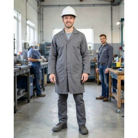 Blouse de travail grise Homme Femme 100 % coton Boutons — mise en situation : Industrie, Portrait individuel