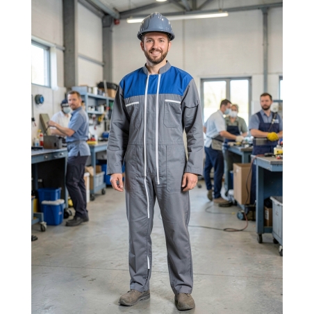 Combinaison de travail bi couleur Gris Bleu double fermeture — mise en situation : Industrie, Portrait individuel