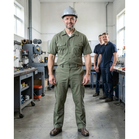 Pantalon de travail vert olive — mise en situation : Industrie, Portrait individuel