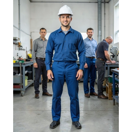 Pantalon de travail bleu en polyester et coton — mise en situation : Industrie, Portrait individuel