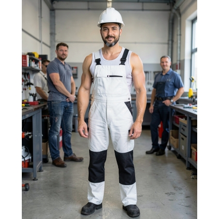 Cotte à bretelles bicolore homme – Salopette noir et blanc — mise en situation : Industrie, Portrait individuel