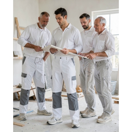 Pantalon peintre Latina blanc et gris — mise en situation : batiment_blanc_equipe,