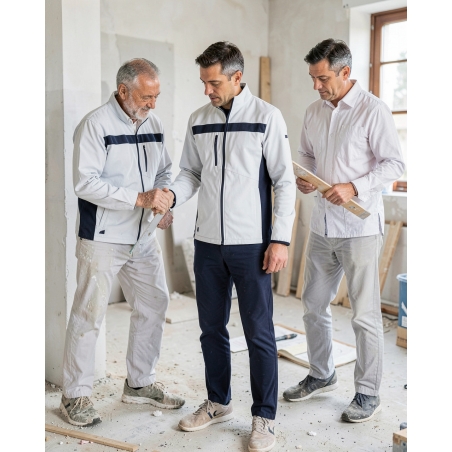 Veste de travail Lulea blanc et gris — mise en situation : batiment_blanc_equipe,