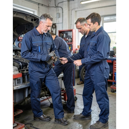 Combinaison de travail 1 zip bicolore Bleu marine et Bleu roi — mise en situation : mecanique_equipe,