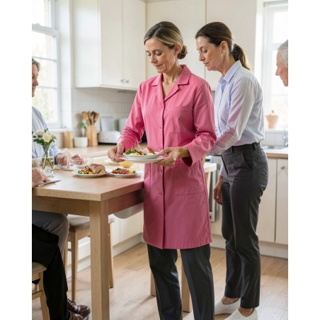 Blouse de Travail Femme Rose 100% Coton Manches Longues Mado Personnalisable — mise en situation : Aide à domicile, Action