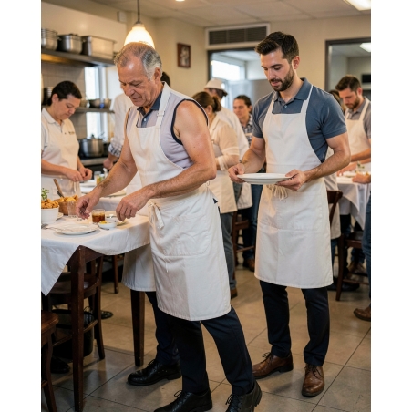Tablier blanc a bavette Kariban — mise en situation : tablier_salle_equipe,