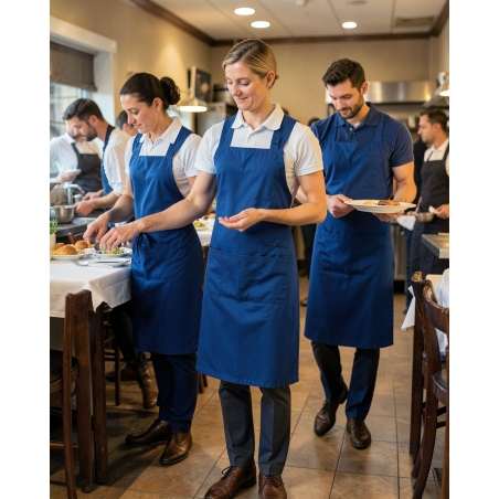 Tablier de travail Bleu royal avec bavette — mise en situation : tablier_salle_equipe,