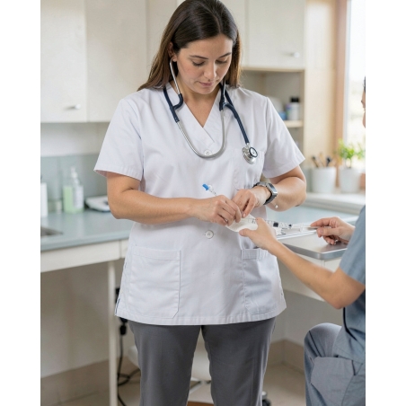 Pantacourt médical blanc femme – Taille élastiquée 3 pressions — mise en situation : Médical / infirmier, soin_gros_plan