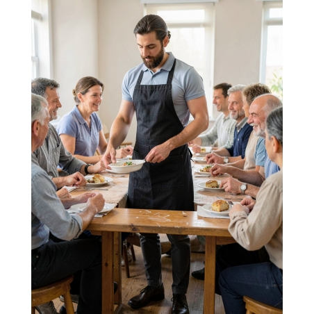 Tablier en jeans bavette Noir denim — mise en situation : tablier_salle_action,