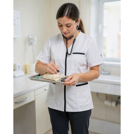Tenue aide soignante Blanche fermeture ZIP Noir — mise en situation : Médical / infirmier, soin_gros_plan