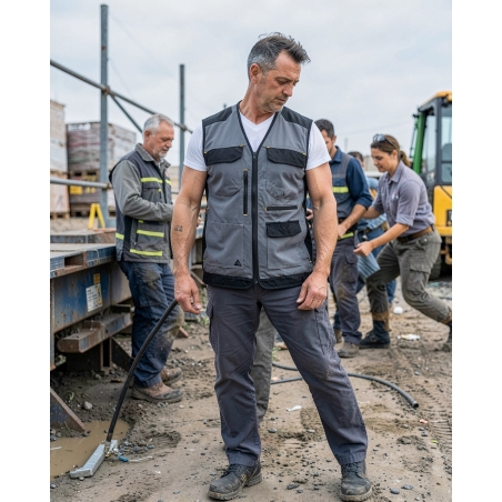Gilet de travail polaire Mach5 gris et noir — mise en situation : exterieur_chantier_action,