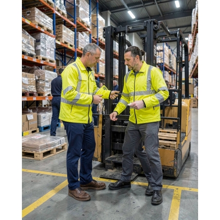 Veste de travail haute visibilité jaune fluo (Lega) — mise en situation : hv_entrepot_action,