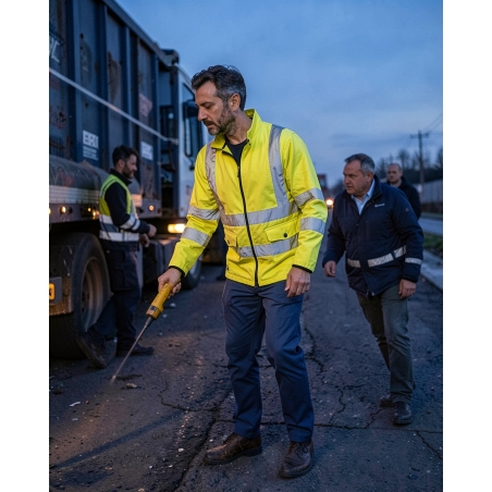 Veste de travail haute visibilité jaune fluo (Lega) — mise en situation : hv_crepuscule_exterieur,