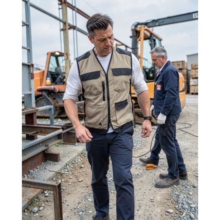 Gilet de travail polaire Mach5 beige et noir — mise en situation : exterieur_chantier_action,