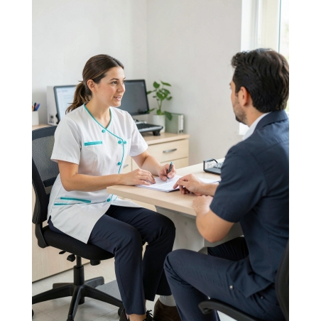 Tunique médicale blanc turquoise — mise en situation : Médical / infirmier, bureau_patient