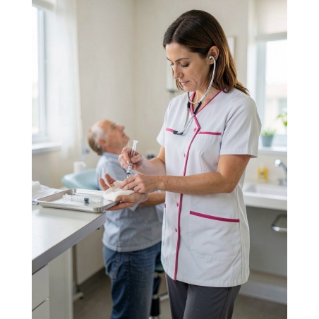 Blouse medicale col asymetrique finition fushia — mise en situation : Médical / infirmier, soin_gros_plan