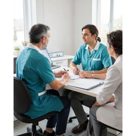 Blouse medicale femme MADO manches transformable Turquoise — mise en situation : Médical / infirmier, bureau_patient