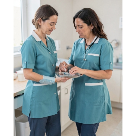 Blouse medicale femme MADO manches transformable Turquoise — mise en situation : Médical / infirmier, soin_gros_plan
