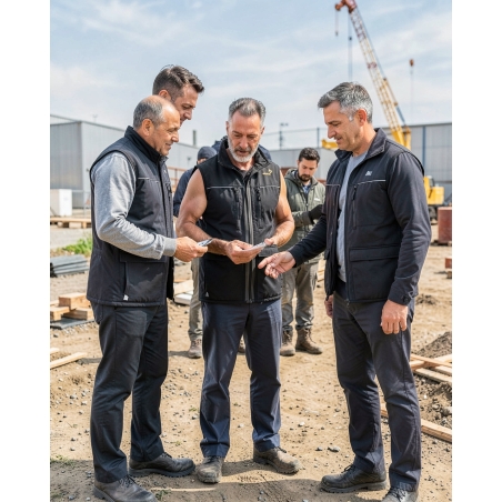 Gilet de travail polaire Nator gris et noir — mise en situation : exterieur_chantier_equipe,