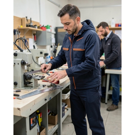 Veste de travail bicolore bleu marine et orange — mise en situation : Industrie, Action métier