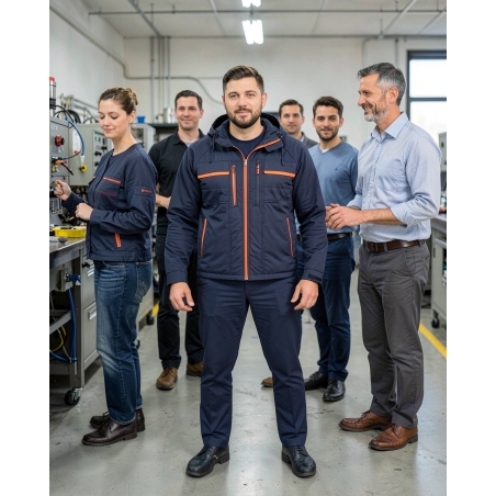 Veste de travail bicolore bleu marine et orange — mise en situation : Industrie, Équipe