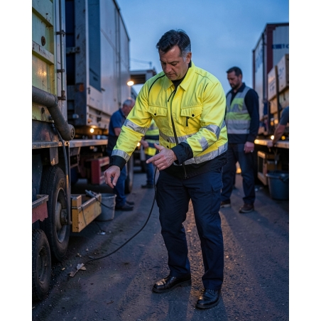 Veste haute visibilité jaune fluo de travail — mise en situation : hv_crepuscule_exterieur,