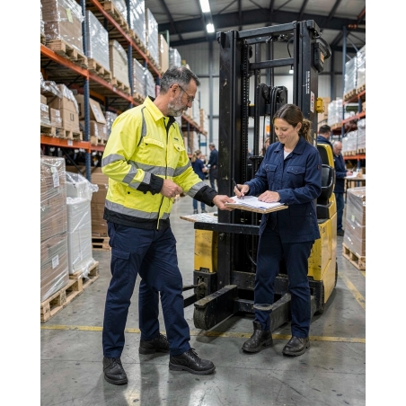 Veste haute visibilité jaune fluo de travail — mise en situation : hv_entrepot_action,