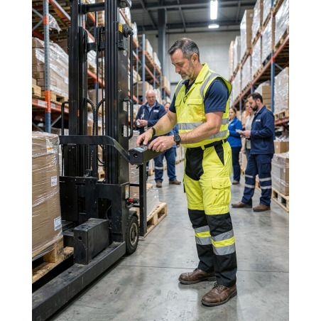 Pantalon de travail haute visibilité jaune fluo Mach HV — mise en situation : hv_entrepot_action,
