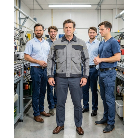 Veste de travail bicolore gris clair et gris foncé — mise en situation : Industrie, Équipe