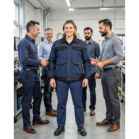 Veste de travail bicolore bleu marine et noir — mise en situation : Industrie, Équipe