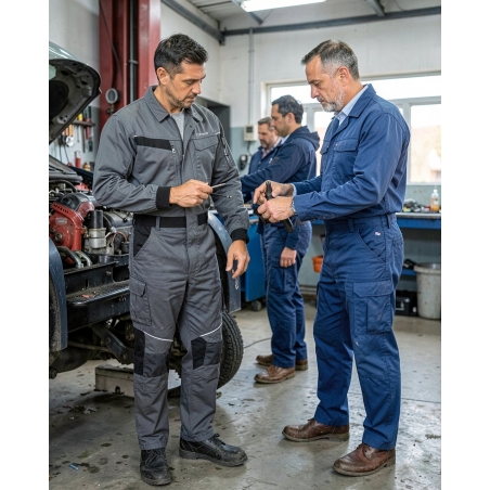 Combinaison de travail Corporate M2 V2 gris et noir — mise en situation : mecanique_equipe,