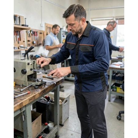 Surchemise de travail M2 Corporate bleu marine et noir — mise en situation : Industrie, Action métier