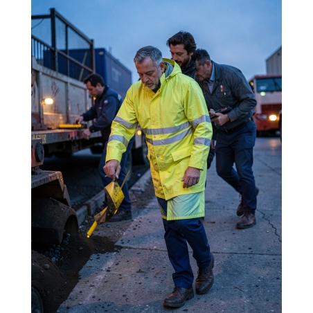 Vêtement de travail haute visibilité jaune fluo 5 bandes — mise en situation : hv_crepuscule_exterieur,