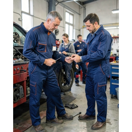 Combinaison de travail 1 zip bicolore Bleu marine et Orange — mise en situation : mecanique_equipe,