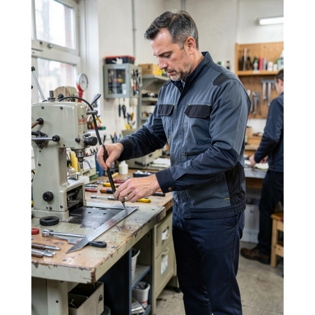 Veste de travail bicolore gris et noir — mise en situation : Industrie, Action métier