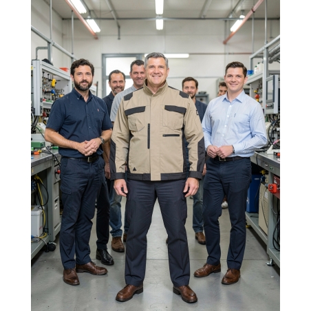 Veste de travail bicolore beige et noir — mise en situation : Industrie, Équipe