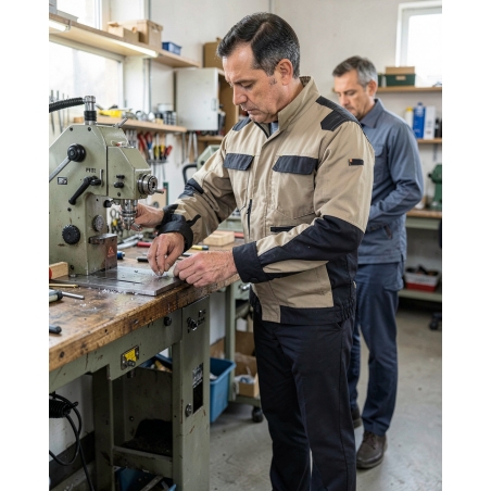 Veste de travail bicolore beige et noir — mise en situation : Industrie, Action métier