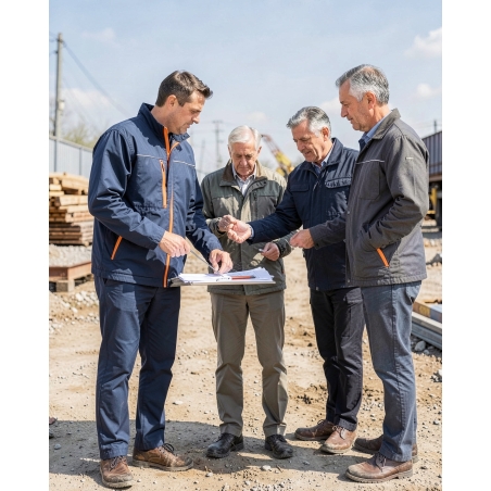 Blouson de pluie de travail bleu marine et orange — mise en situation : exterieur_chantier_equipe,