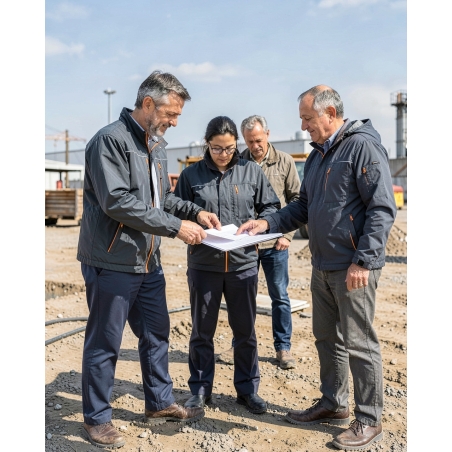 Blouson de pluie de travail gris et orange — mise en situation : exterieur_chantier_equipe,