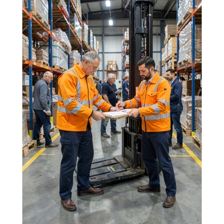 Veste de travail orange fluo haute visibilité — mise en situation : hv_entrepot_action,